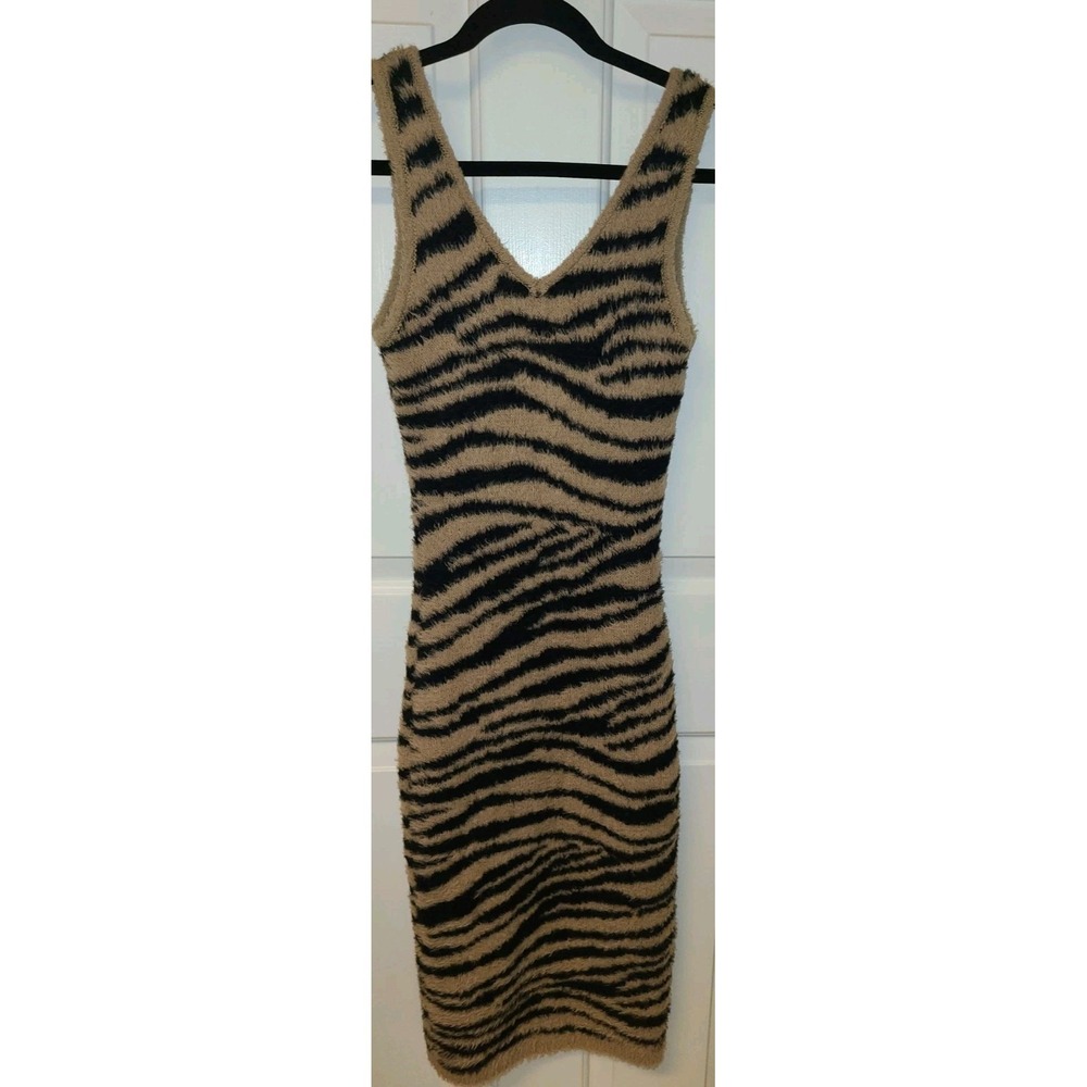 Madrag Sleeveless Fuzzy Knit Zebra Animal Print Bodycon Sweater Dress Sm - Picture 1 of 9